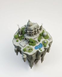 This artwork depicts a surreal floating island showcasing bizarre and captivating architecture, rendered in a bird's eye pers