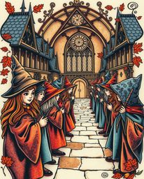 This symbolic traditional tattoo art print depicts a magical school brimming with young wizards, captured in extreme macro cl