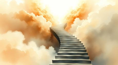 A delicate watercolor painting depicts a surreal stairway winding through smoky clouds towards a bright celestial light, symb