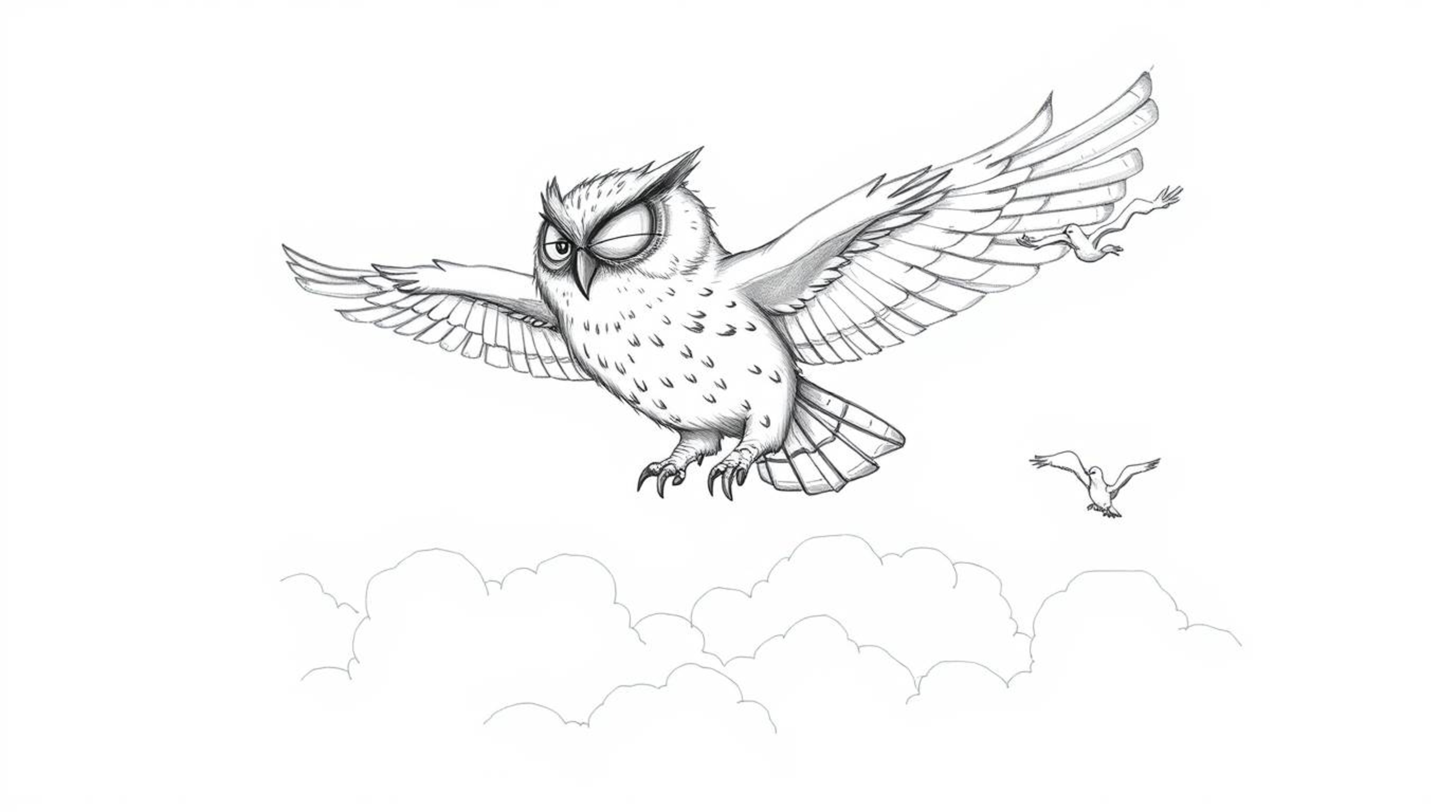 Experience the wonder of a hand-drawn, textured pencil sketch depicting a blind owl, rendered in a Pixar-inspired style, prou
