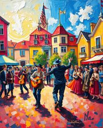This is a bold acrylic painting depicting a lively musical number in a bright town square. The artwork features vibrant color