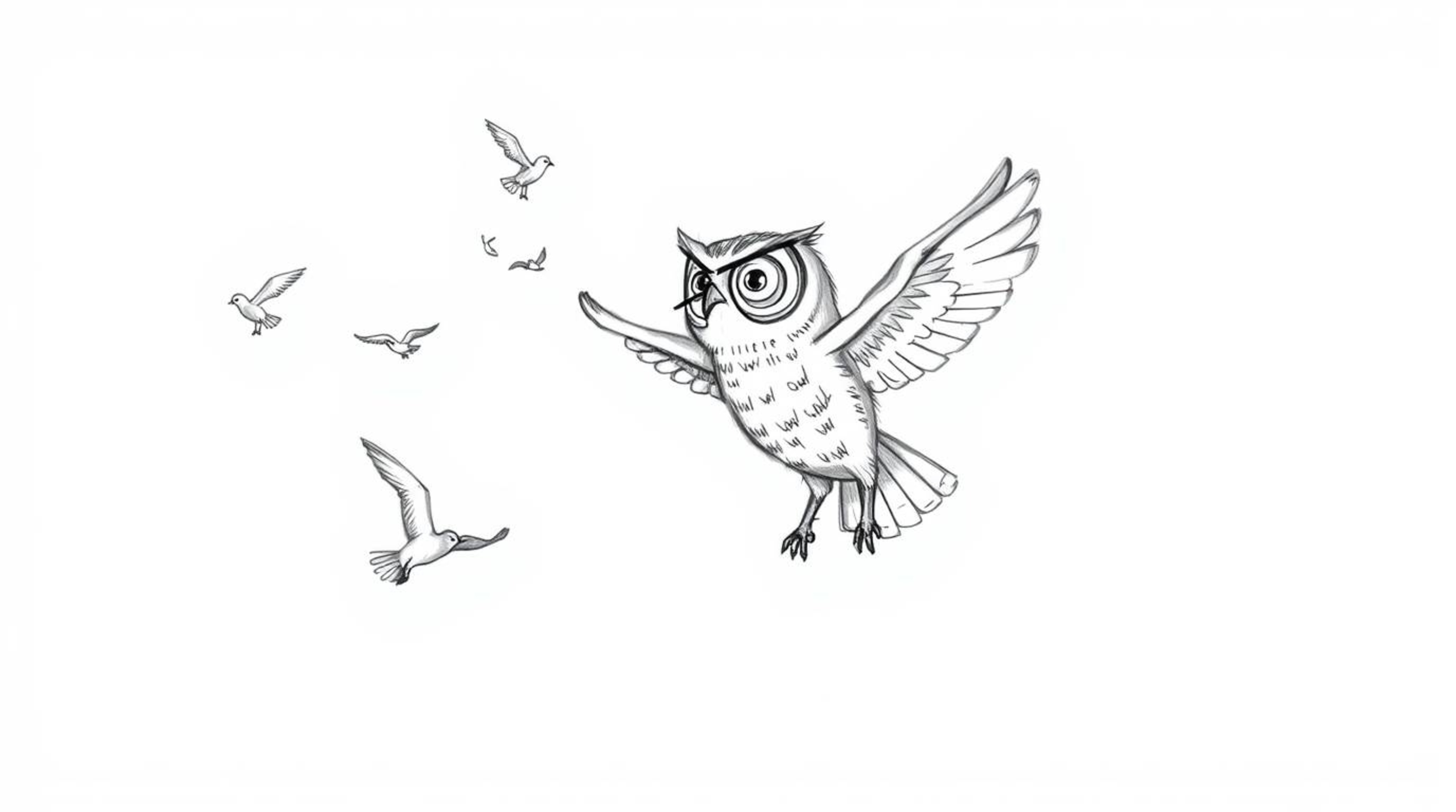 A charming hand-drawn sketch in the style of Pixar depicts a blind owl magically teaching birds to fly.  The owl, sketched mi