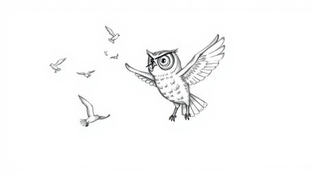 A charming hand-drawn sketch in the style of Pixar depicts a blind owl magically teaching birds to fly.  The owl, sketched mi