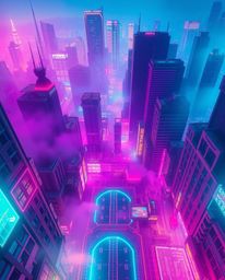 Experience a breathtaking view of a futuristic cyberpunk cityscape bathed in vibrant neon colors. This high-angle perspective