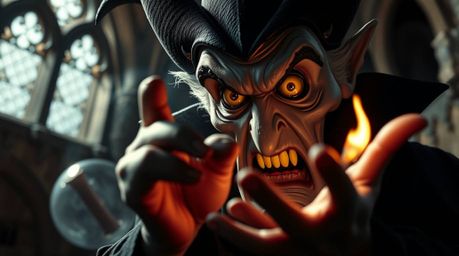 Experience the chilling tension of a classic Disney villain casting a spell within the confines of an ancient castle, rendere