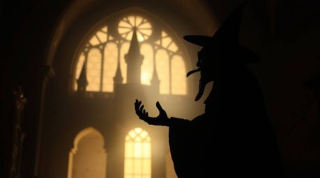 A professional fine art photograph showcasing a classic Disney villain, silhouetted against a warm, golden glow within the ag