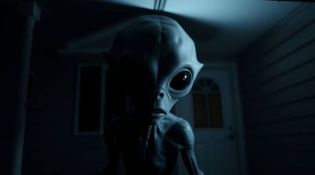 Experience a dramatic and mysterious scene illuminated by chiaroscuro lighting, featuring an alien with grey skin and large b