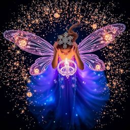 A captivating high-resolution stock photo depicts a fairy godmother descending in a swirl of sparkles.  The high-angle perspe