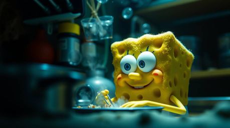 Explore an extreme macro close-up view of a sponge character meticulously cooking in a surreal underwater kitchen. The scene 