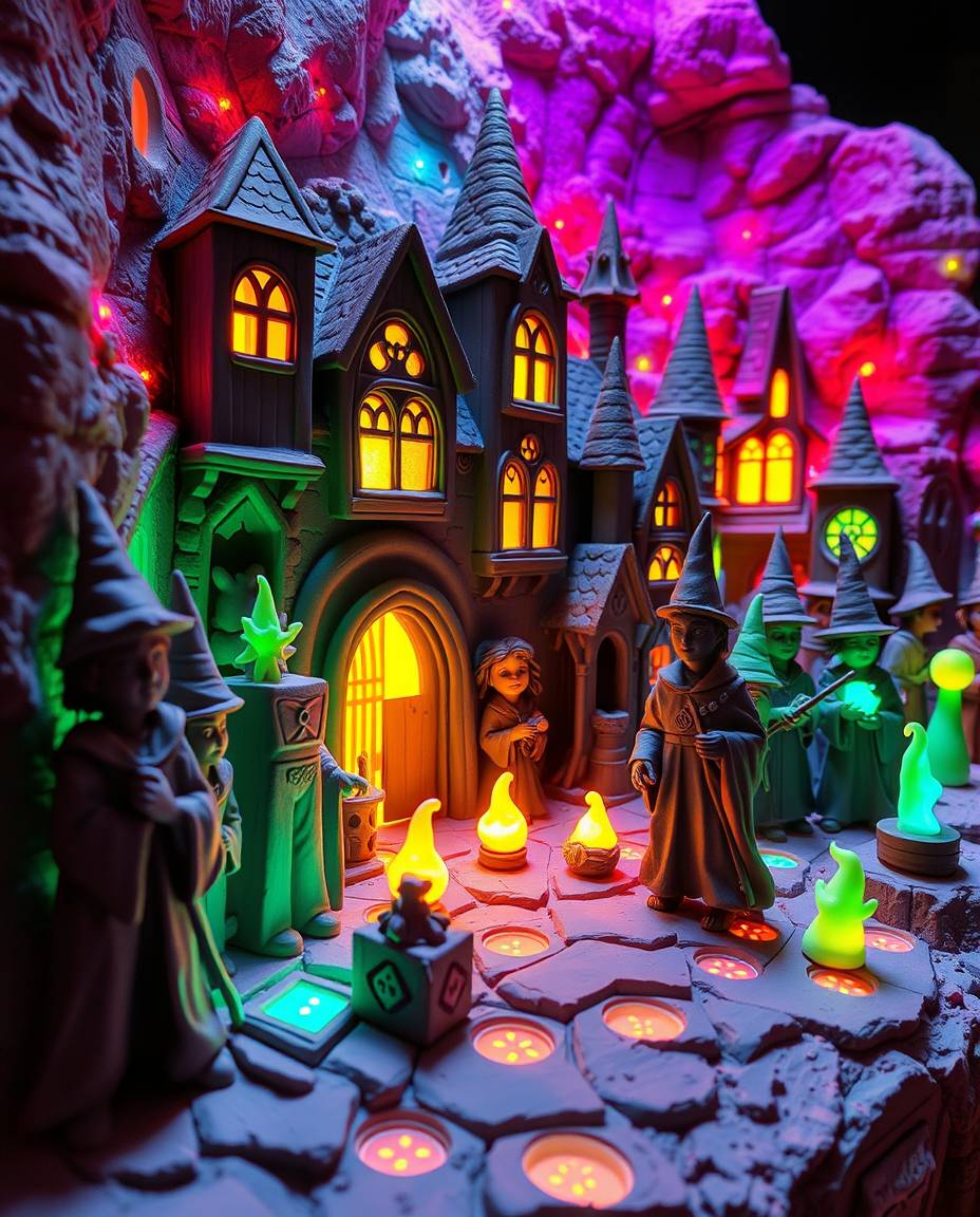 This stunning sculptural clay artwork depicts a magical school teeming with young wizards. The piece is brought to life with 