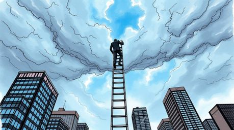 A dramatic hand-drawn sketch depicts a businessperson ascending a transparent ladder that disappears into a stormy blue sky a