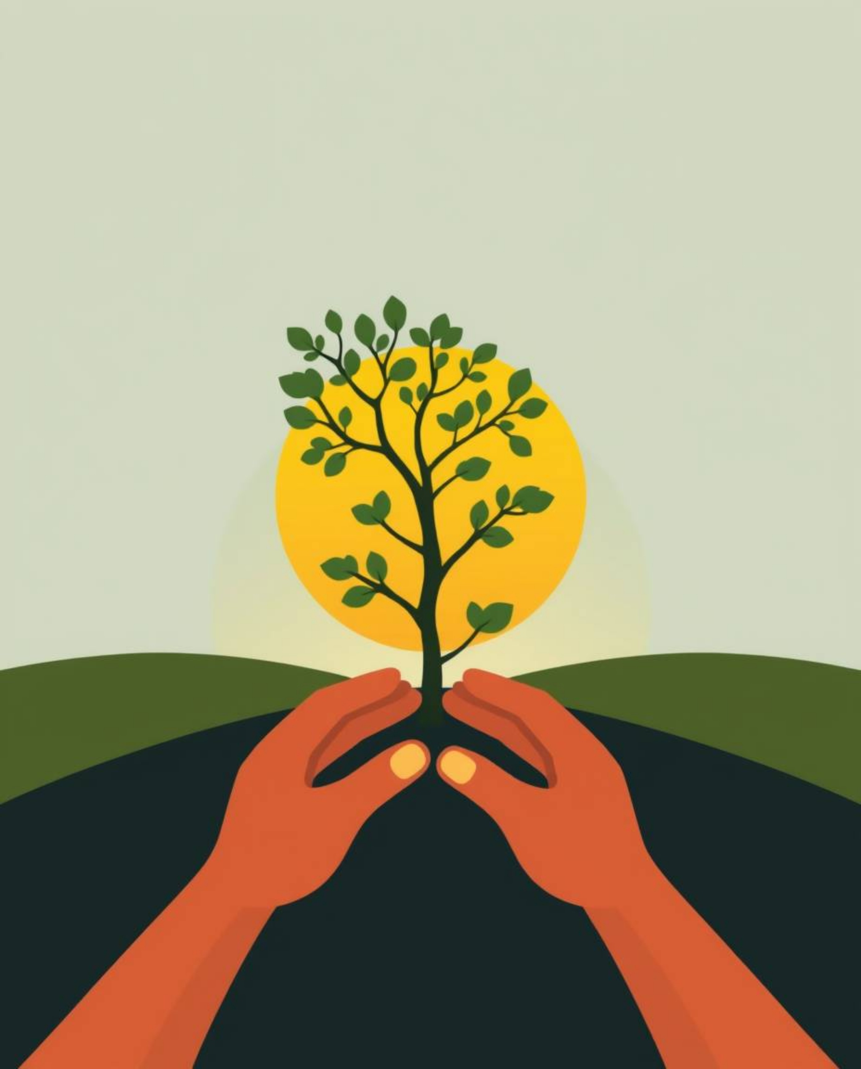 A modern, flat design illustration showcasing two hands planting a tree under a vibrant golden sky.  The image features a smo