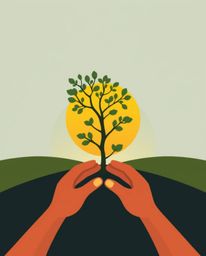 A modern, flat design illustration showcasing two hands planting a tree under a vibrant golden sky.  The image features a smo