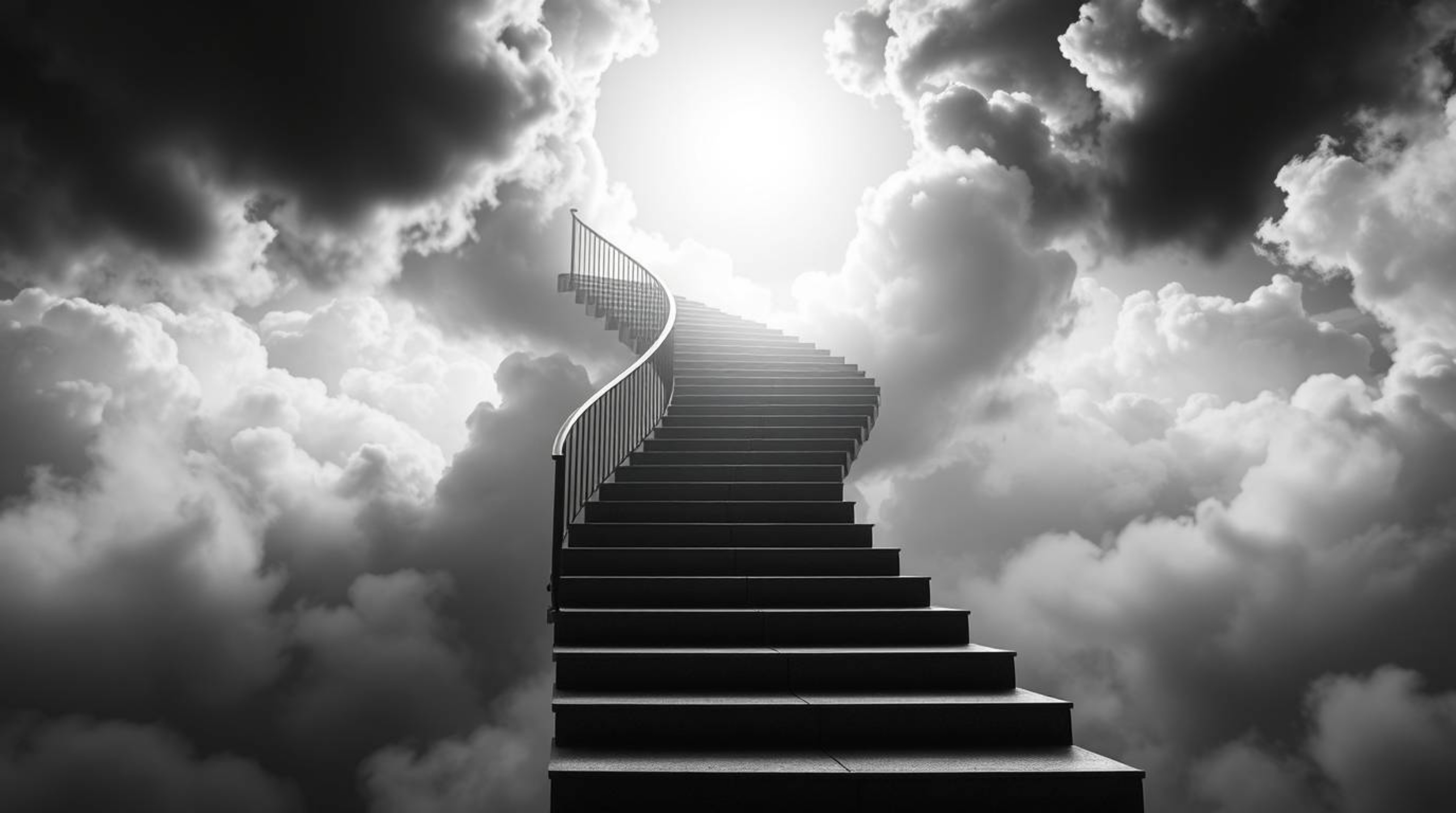 A surreal black and white stairway, suspended in smoky clouds and illuminated by a celestial light, evokes a sense of spiritu
