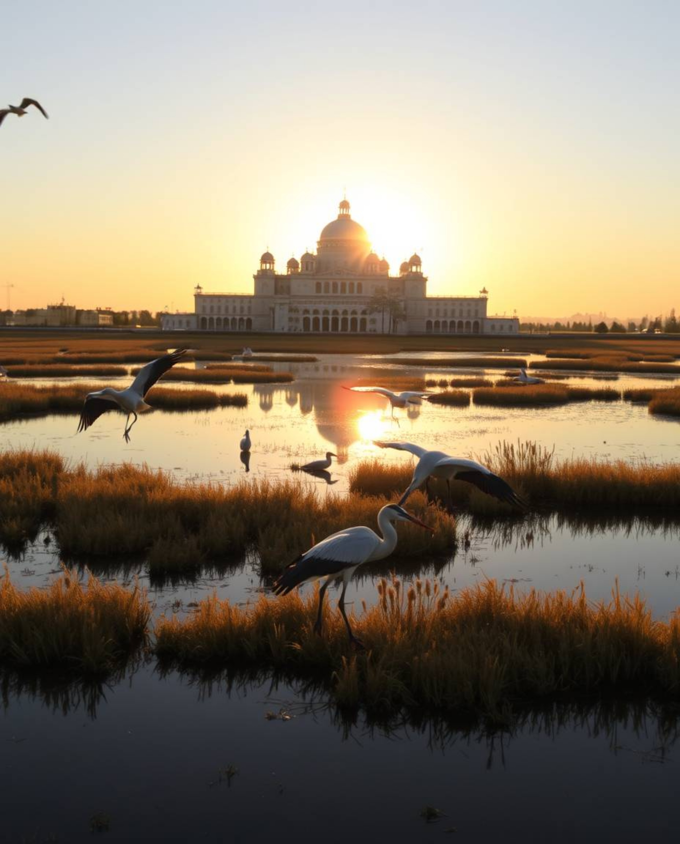 A precise architectural color photograph where golden hour light illuminates a wetlands scene with herons in flight. This ima