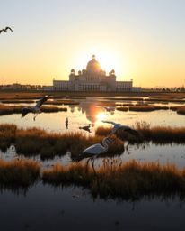 A precise architectural color photograph where golden hour light illuminates a wetlands scene with herons in flight. This ima