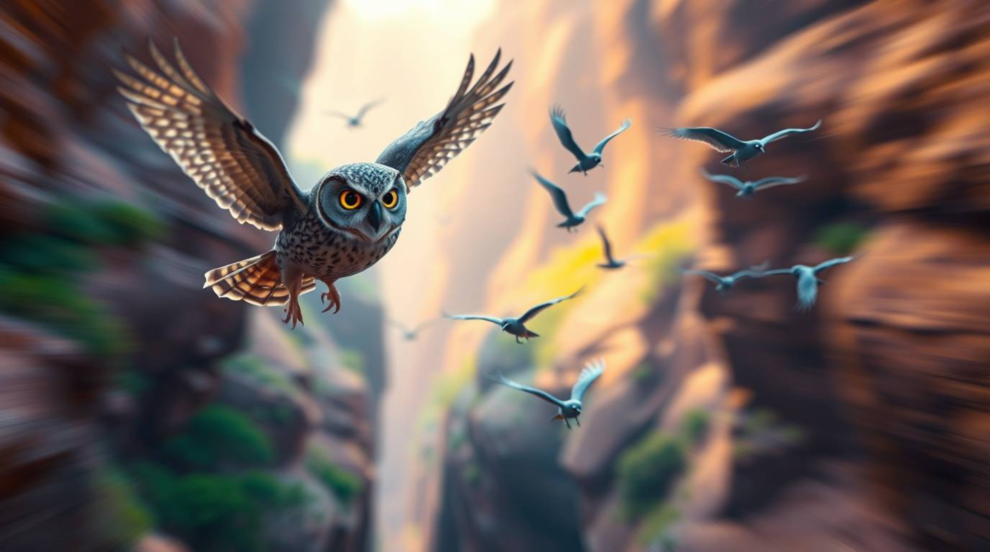 This is a photographic depiction of a blind owl, rendered in a charming Pixar style, as it teaches various birds to fly throu