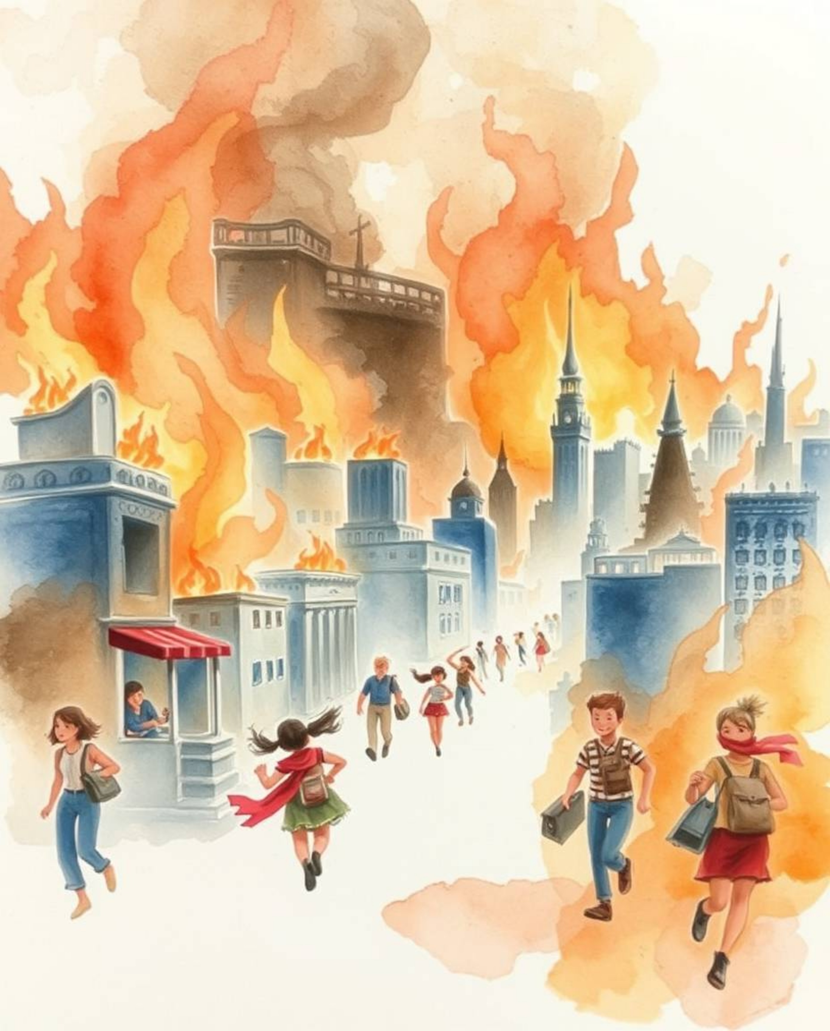 This delicate watercolor painting captures a city in flames with people running in all directions, rendered with translucent 