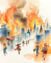 This delicate watercolor painting captures a city in flames with people running in all directions, rendered with translucent 