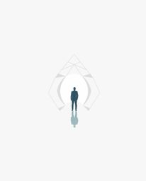 A captivating geometric logo design showcases a minimalist figure standing at a tunnel's edge, gazing towards a radiant light