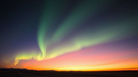 Experience the breathtaking beauty of the Northern Lights as they begin to dance across a vibrant sunset sky. This image capt