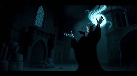 A moody depiction of a classic Disney villain casting a spell in an old castle is brought to life with low contrast and stron