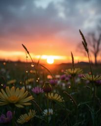A tight close-up photograph capturing a wet, rainy scene of a sunset over a spring wildflower meadow. The drizzling rain crea