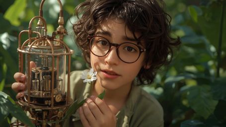 a vibrant, whimsical, Pixar-inspired photograph of a bright-eyed, bespectacled, homeschooled genius, with curly brown hair an