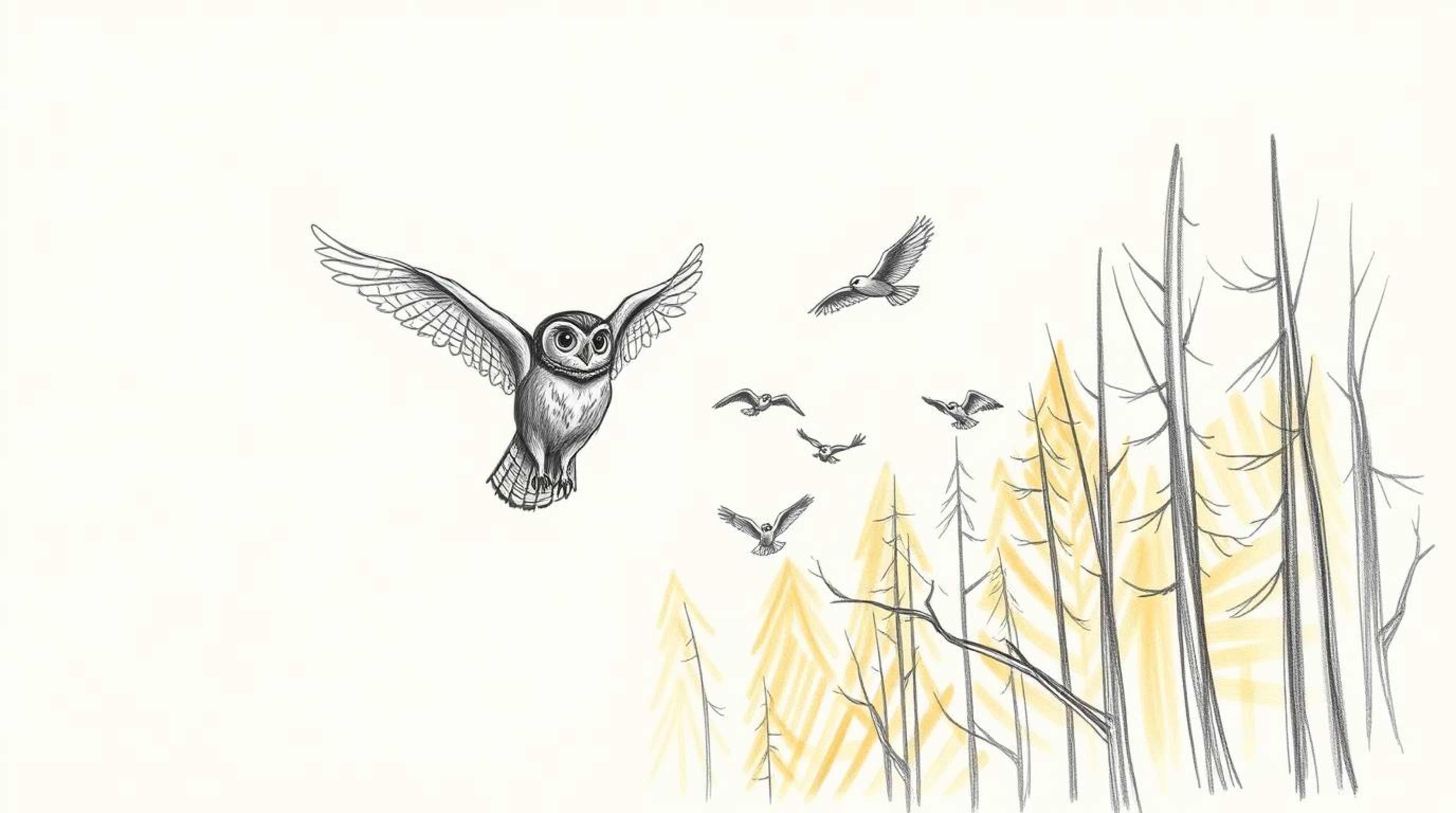 A captivating Pixar-style hand-drawn sketch depicts a blind owl, its feathers meticulously detailed, guiding several birds in