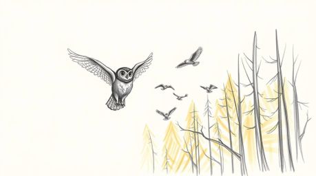 A captivating Pixar-style hand-drawn sketch depicts a blind owl, its feathers meticulously detailed, guiding several birds in