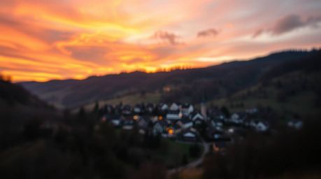 This photograph captures a cozy village nestled in a valley beneath a vibrant, colorful sky. The image utilizes a blurred bok