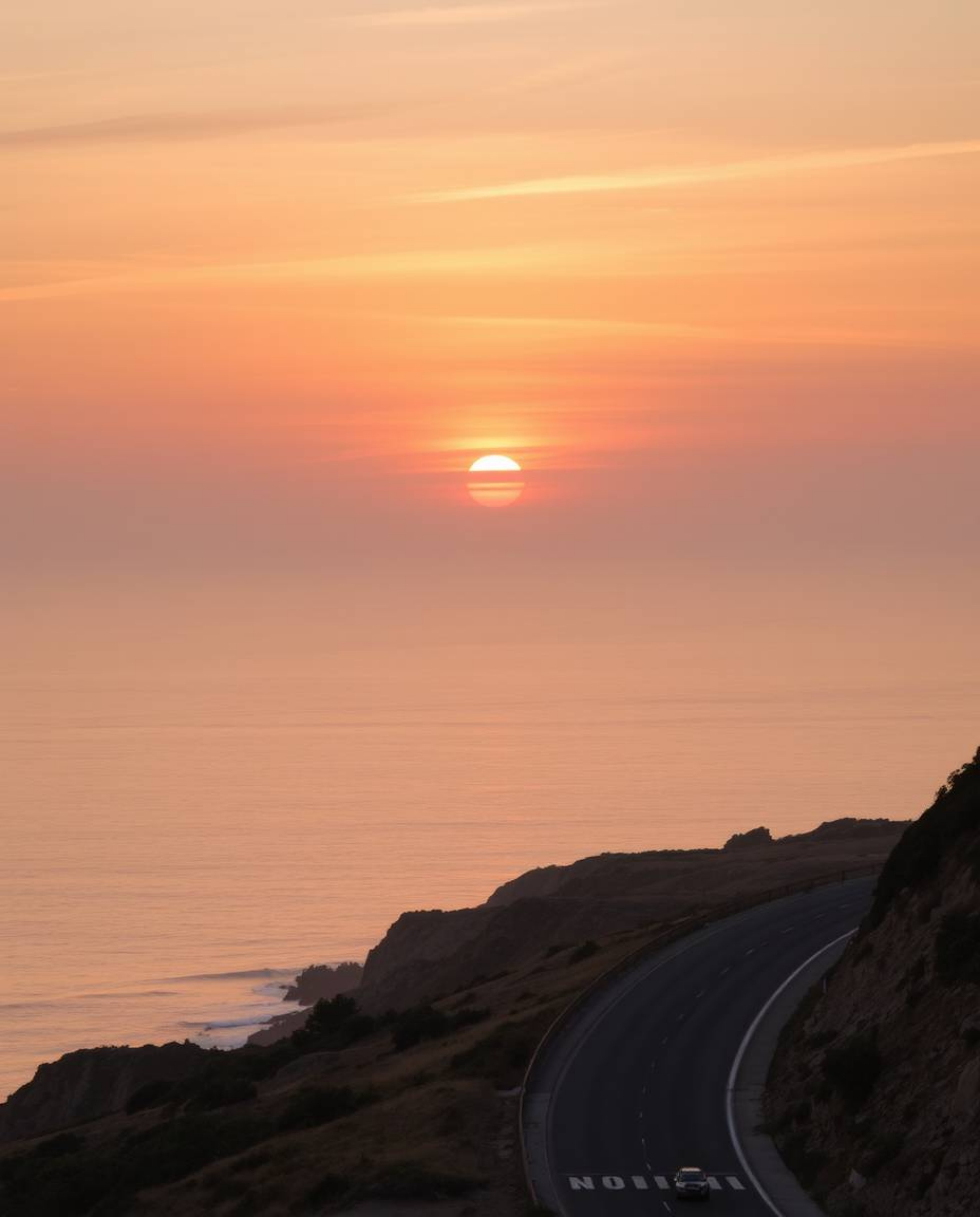 This artwork depicts a sunset sky over a winding coastal highway, rendered in a palette of natural earth tones. The scene is 