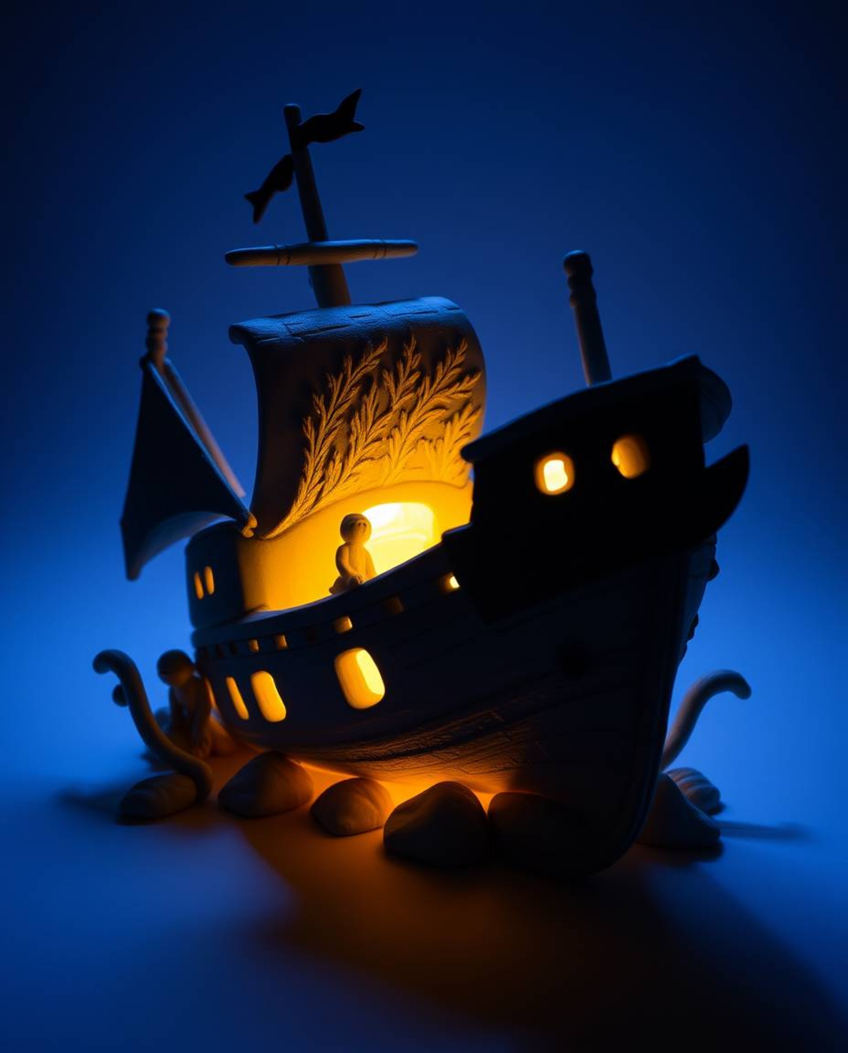 This sculptural clay art piece portrays a silhouetted shipwreck illuminated deep underwater, creating a captivating and elega