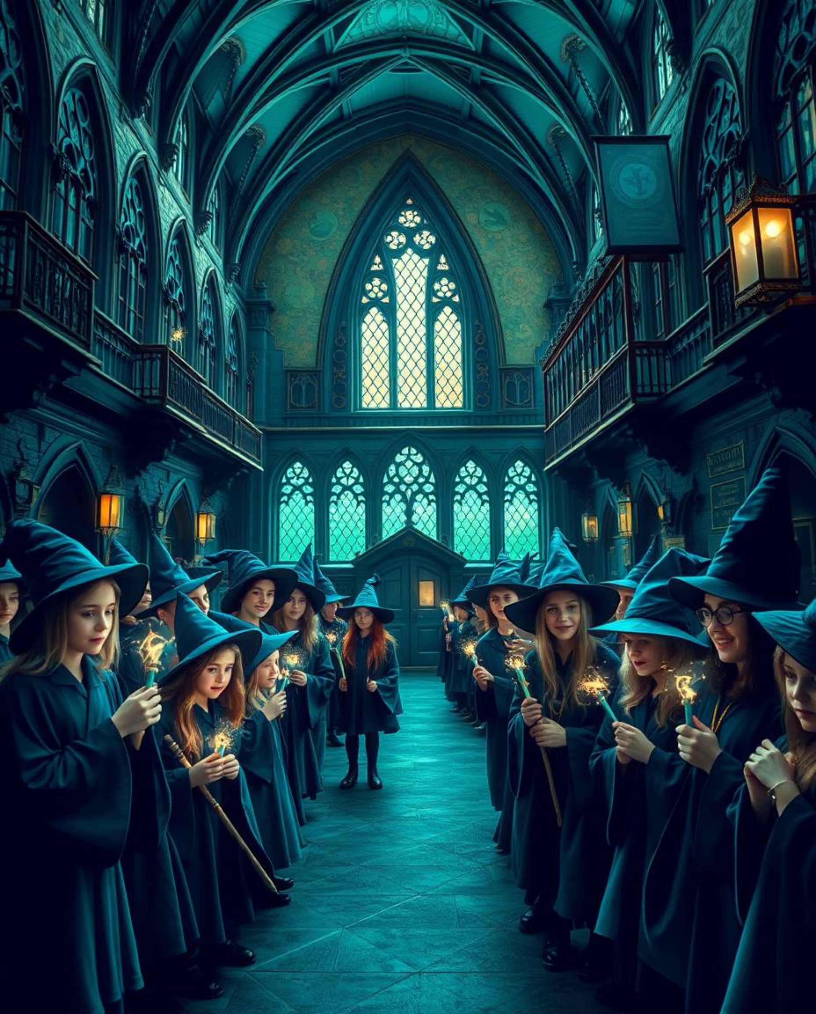 Explore a captivating magical school brimming with young wizards, rendered in a rich, deep teal hue, exuding luxury and vibra