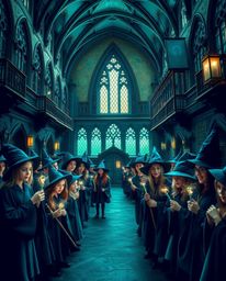 Explore a captivating magical school brimming with young wizards, rendered in a rich, deep teal hue, exuding luxury and vibra