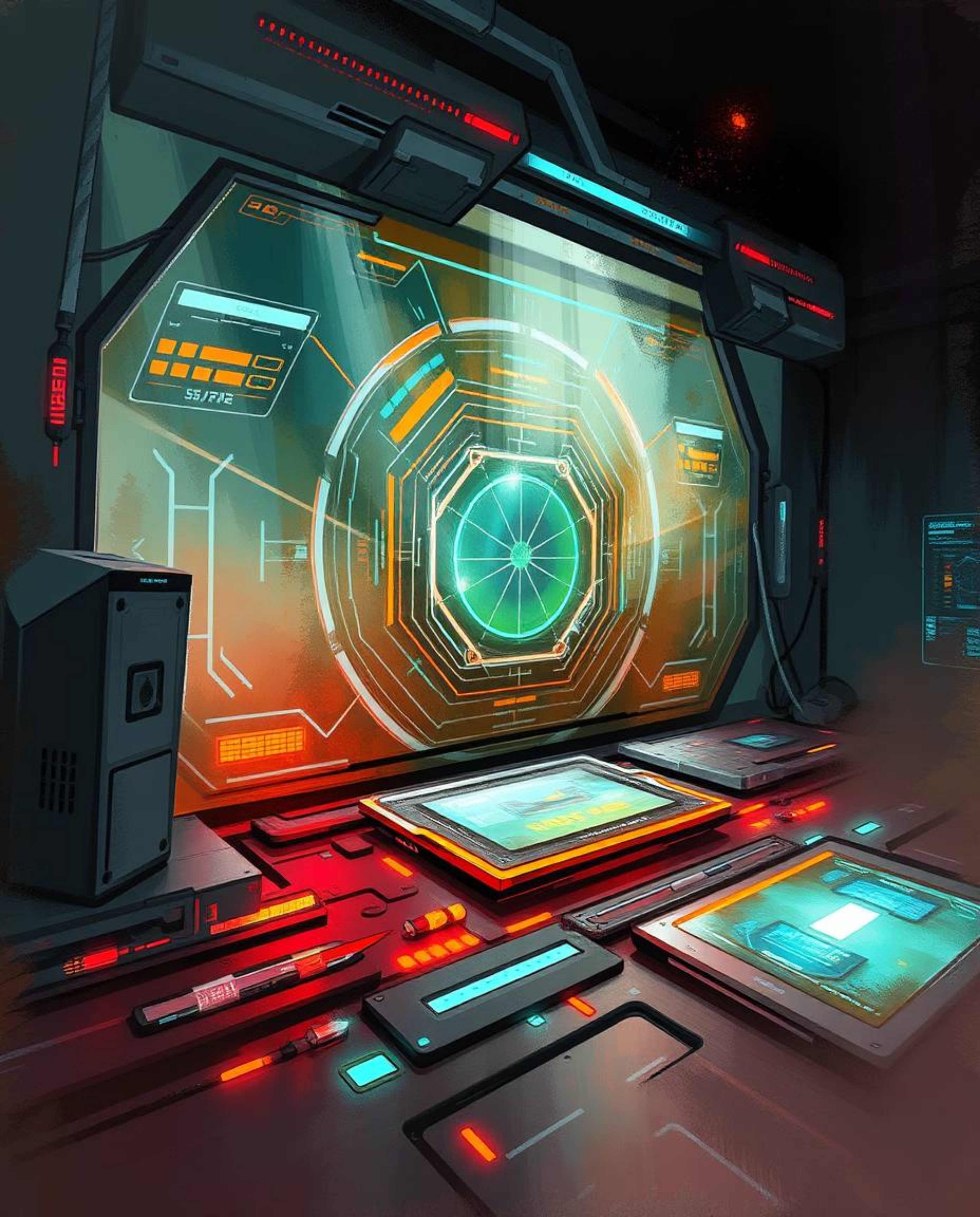 This artwork presents a dynamic digital sketch showcasing a futuristic interface composed of geometric patterns and holograph