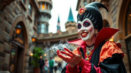 Capture the spontaneous magic of a classic Disney villain casting a spell in a modern urban setting. This candid street photo