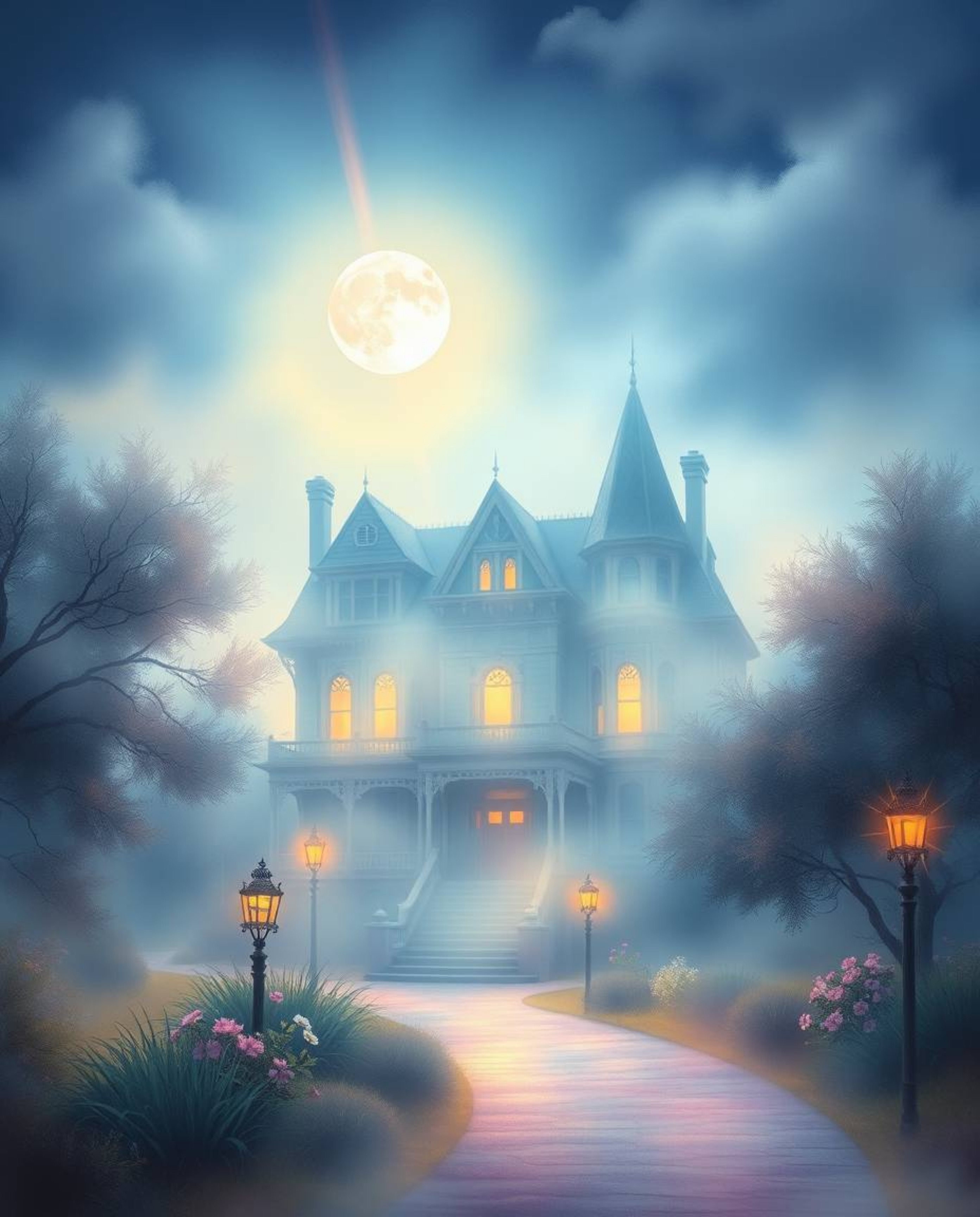 This artwork features a soft pastel painting of a fog-covered Victorian mansion bathed in moonlight. Gentle light streaks cre