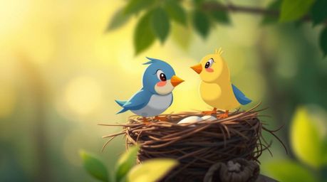 Experience the gentle and soft beauty of two cartoon birds diligently building their nest in a classic animation style. This