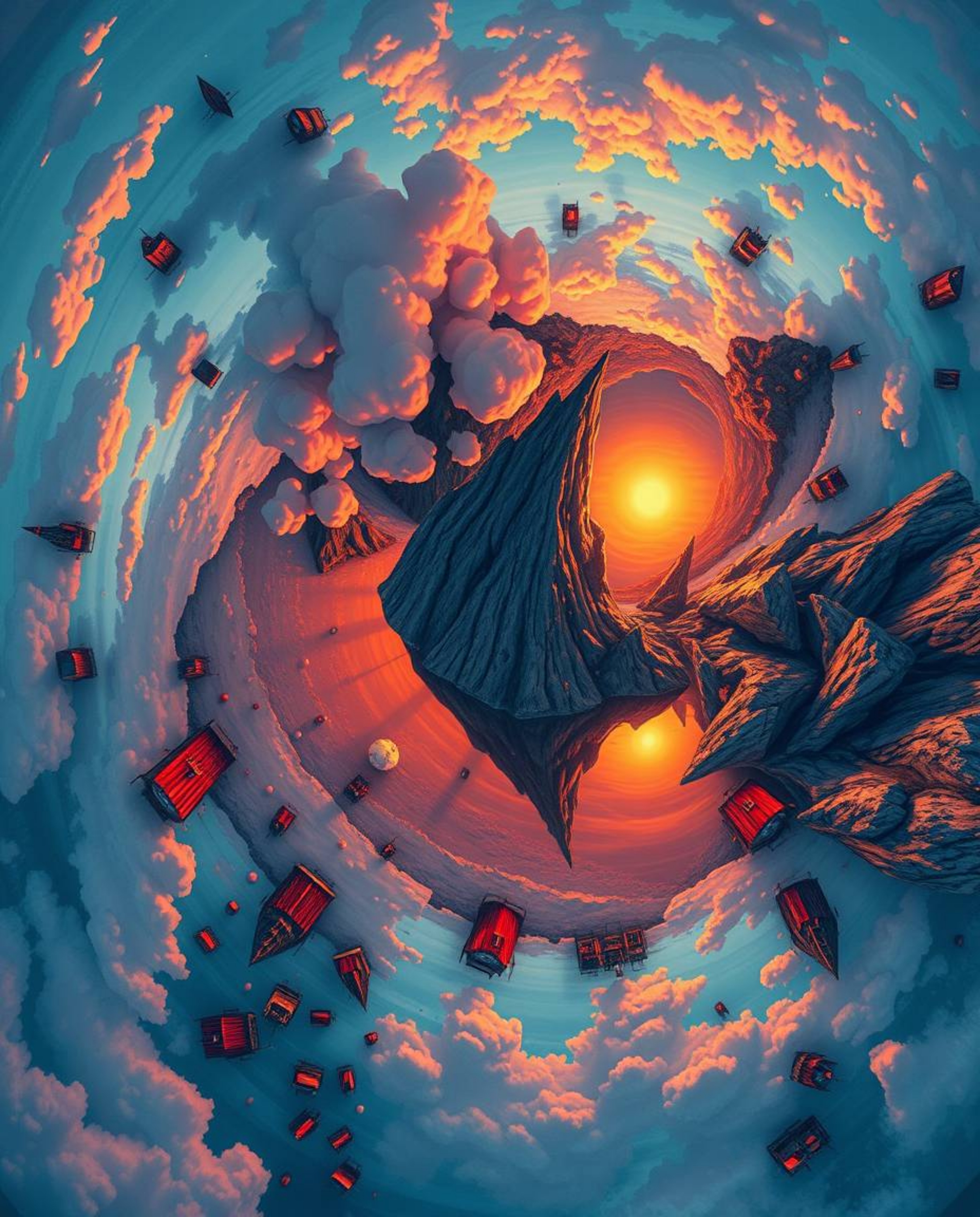 An overhead bird's eye view captures a dreamlike and surreal sunset reflection in a glassy fjord. This artwork, created in a 