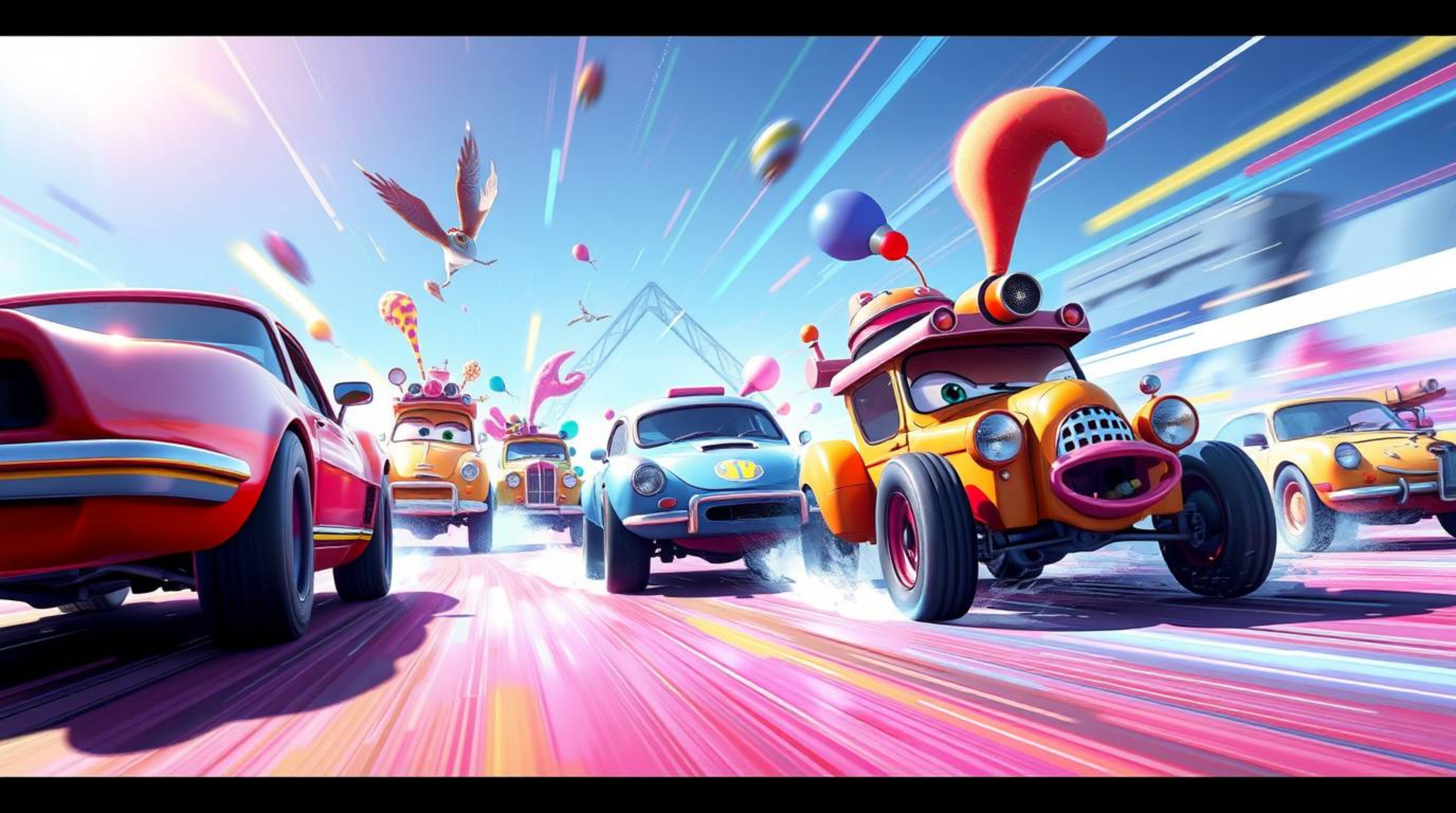 Experience the thrill of a wacky racing scene brought to life through vibrant digital art. Outlandish cars compete in a blur 