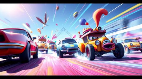 Experience the thrill of a wacky racing scene brought to life through vibrant digital art. Outlandish cars compete in a blur 