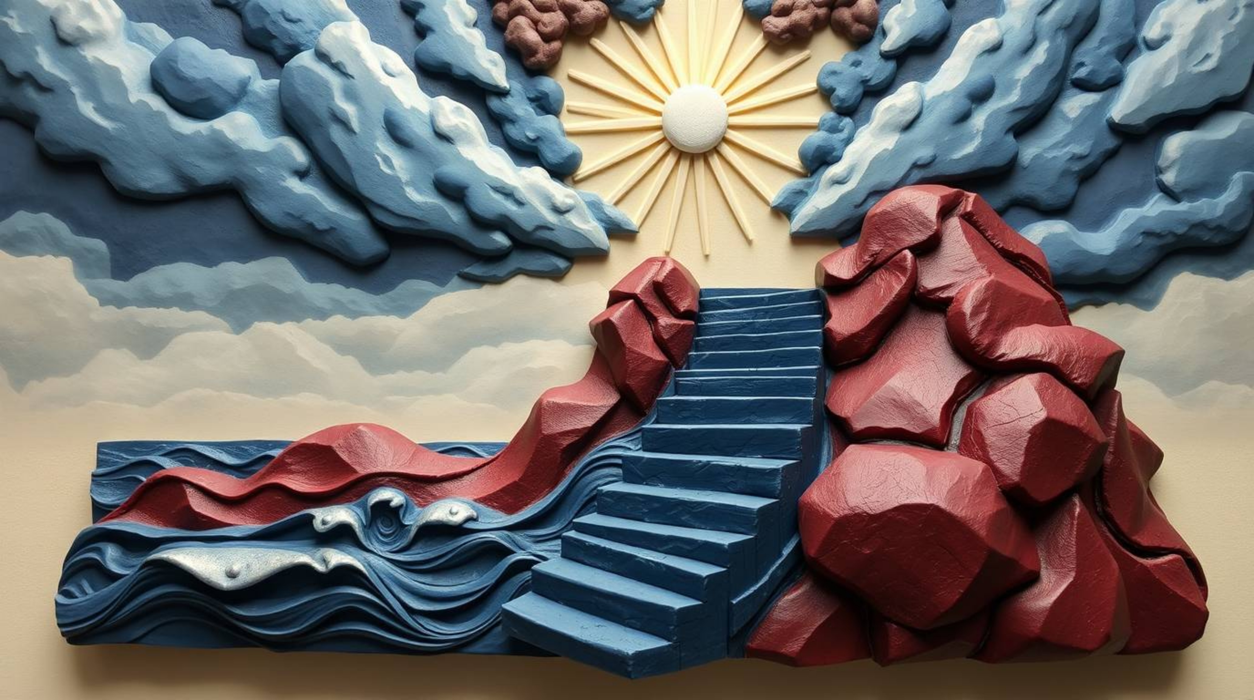 This sculptural clay art presents an elegant, epic, and symbolic scene of a dramatic staircase rising from the ocean towards 