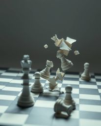 A captivating image depicting a chessboard with pieces frozen mid-air in a moment of destruction.  The intricate design featu