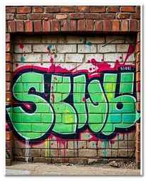 High-resolution stock photo showcasing dramatic, cinematic-style graffiti art on a brick wall.  The image features colorful s