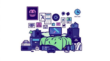 This unique logo design is inspired by the chaotic beauty of a messy bedroom filled with weird gadgets and posters.  The desi