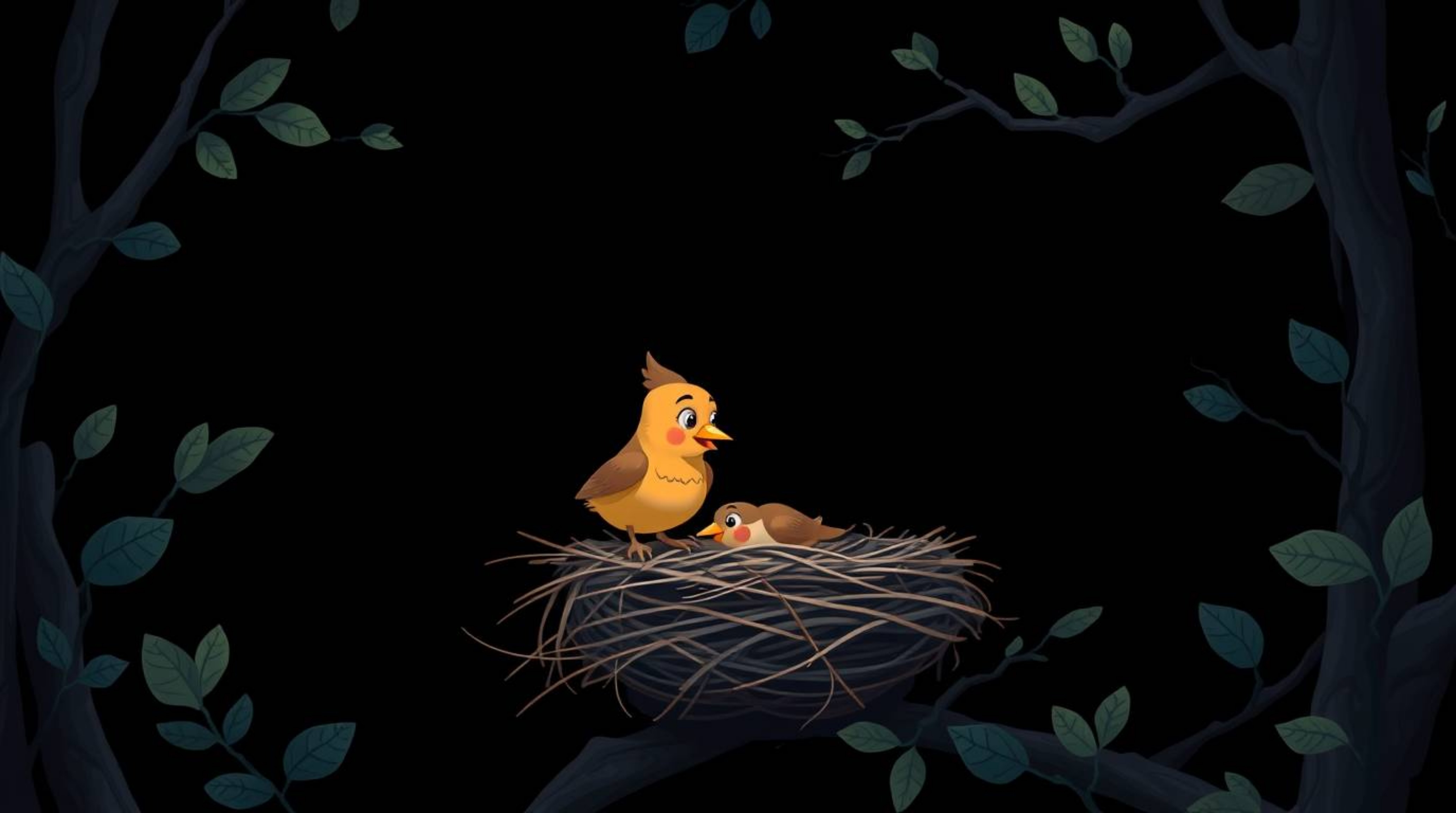 Immerse yourself in an enchanting scene of two cartoon birds diligently building a nest against an intense jet black backgrou