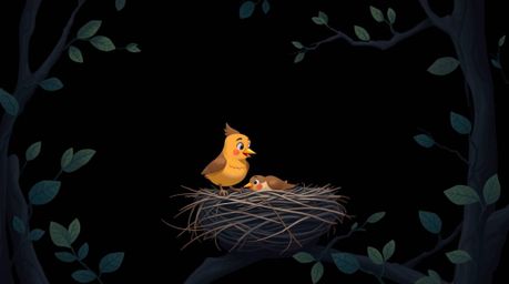 Immerse yourself in an enchanting scene of two cartoon birds diligently building a nest against an intense jet black backgrou