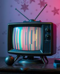 A cinematic still life featuring a cast bronze TV screen displaying RGB-separated glitch static. The image emphasizes the ant