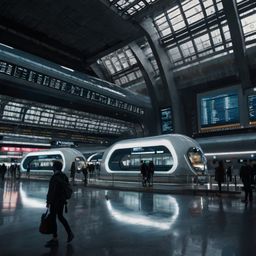 Explore the future of travel at this sleek, modern train station. Featuring high-speed trains arriving and departing with imp